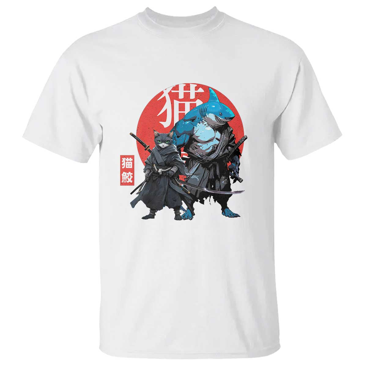 Samurai Cat Shark T Shirt Retro Japanese Animal Warrior Art - Wonder Print Shop
