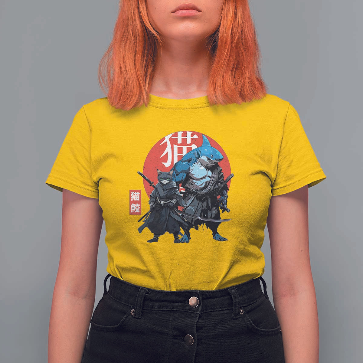 Samurai Cat Shark T Shirt For Women Retro Japanese Animal Warrior Art - Wonder Print Shop
