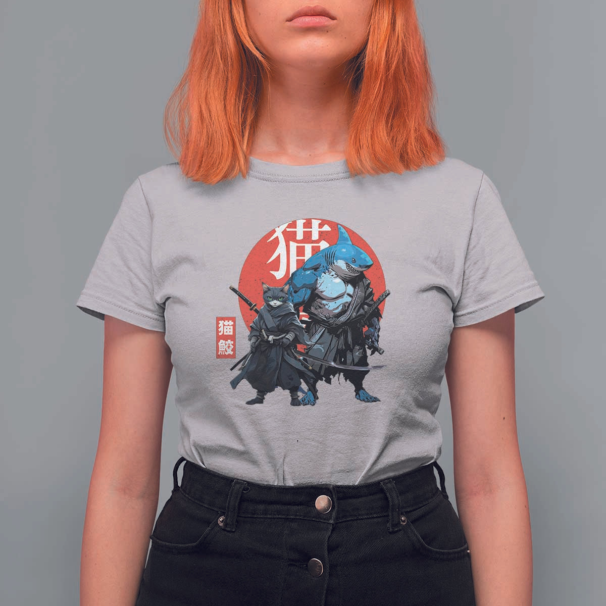 Samurai Cat Shark T Shirt For Women Retro Japanese Animal Warrior Art - Wonder Print Shop