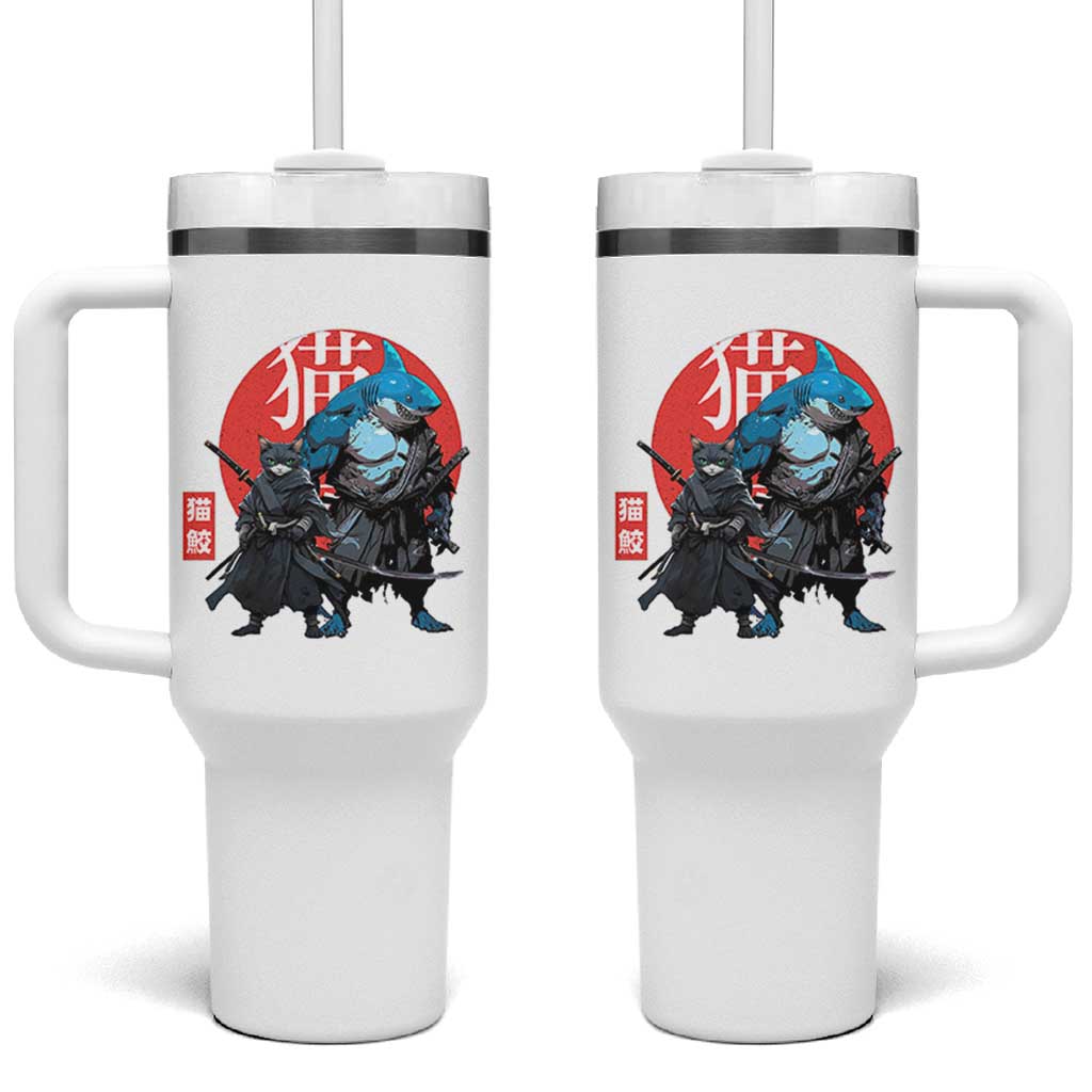 Samurai Cat Shark Tumbler With Handle Retro Japanese Animal Warrior Art
