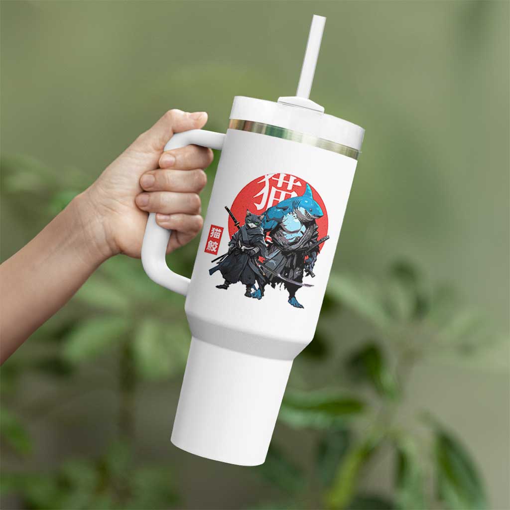 Samurai Cat Shark Tumbler With Handle Retro Japanese Animal Warrior Art