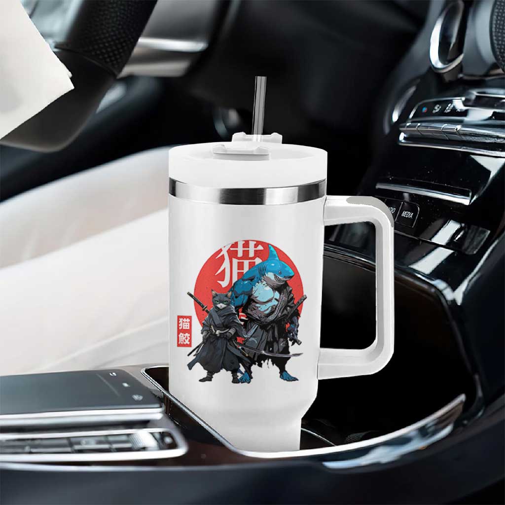Samurai Cat Shark Tumbler With Handle Retro Japanese Animal Warrior Art