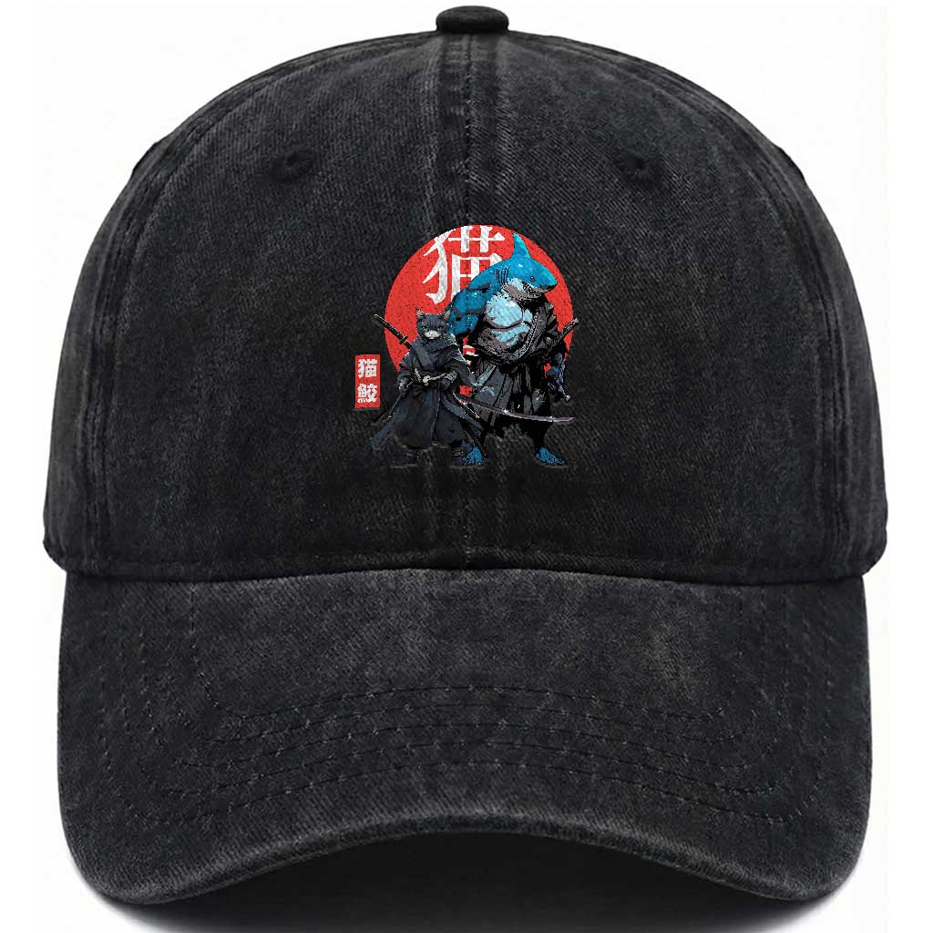 Samurai Cat Shark Washed Cotton Baseball Cap Retro Japanese Animal Warrior Art