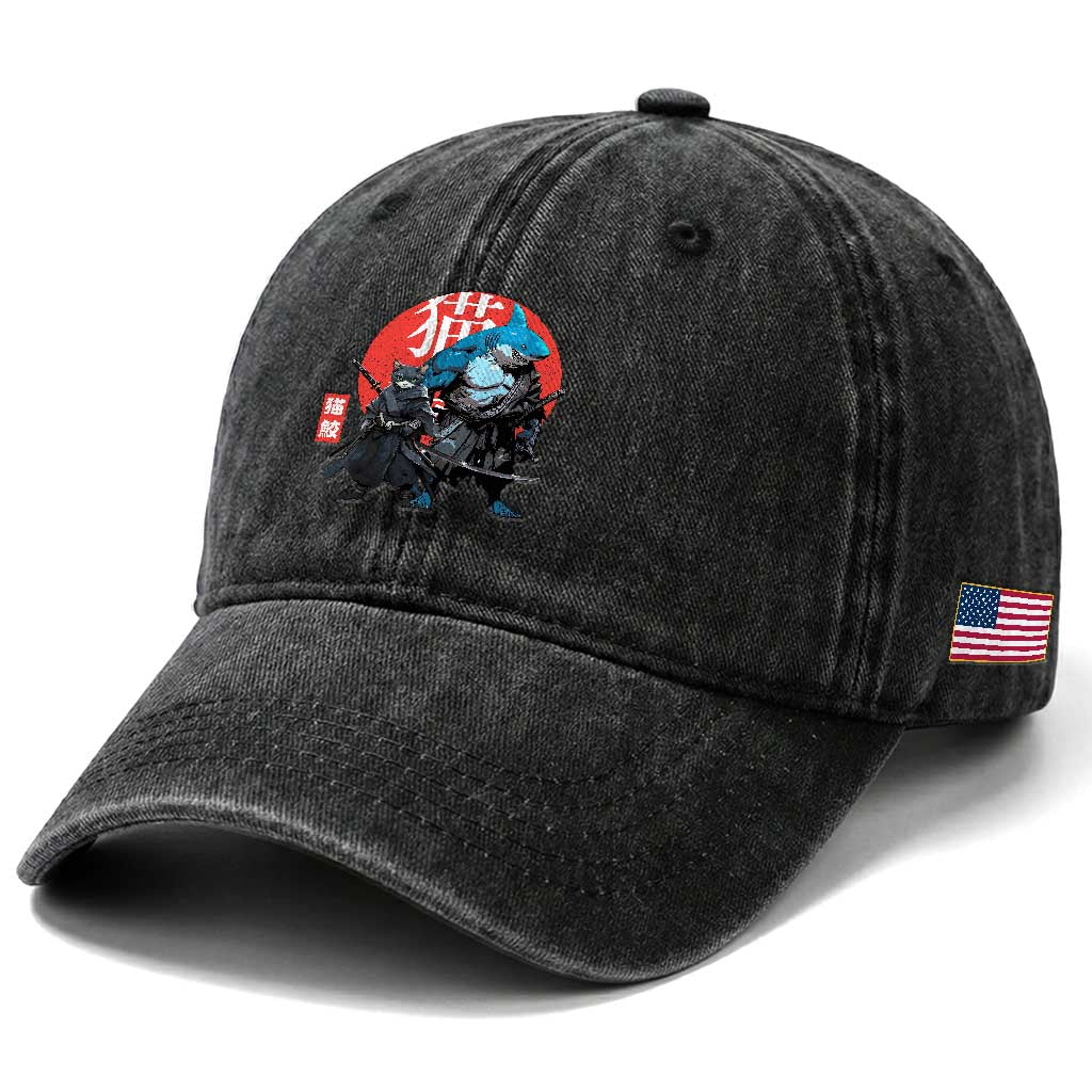 Samurai Cat Shark Washed Cotton Baseball Cap Retro Japanese Animal Warrior Art