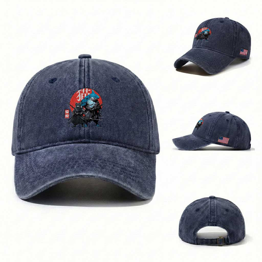Samurai Cat Shark Washed Cotton Baseball Cap Retro Japanese Animal Warrior Art