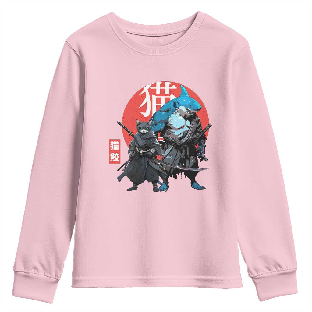Samurai Cat Shark Youth Sweatshirt Retro Japanese Animal Warrior Art - Wonder Print Shop