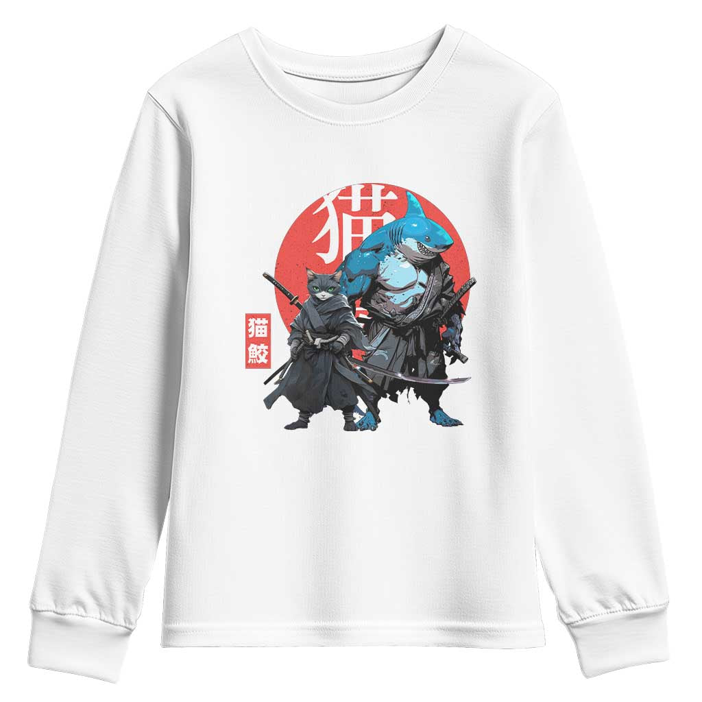 Samurai Cat Shark Youth Sweatshirt Retro Japanese Animal Warrior Art - Wonder Print Shop