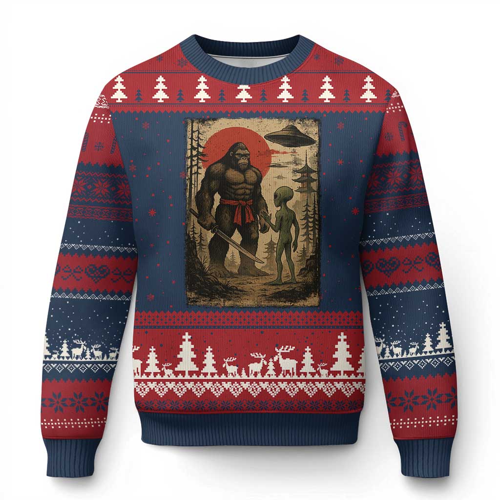 Samurai Bigfoot Japanese UFO Ugly Christmas Sweater Sasquatch Ailen Ukiyo-e - Wonder Print Shop