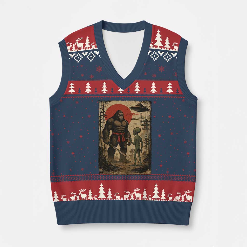 Samurai Bigfoot Japanese UFO V-Neck Knit Sweater Vest Sasquatch Ailen Ukiyo-e - Wonder Print Shop