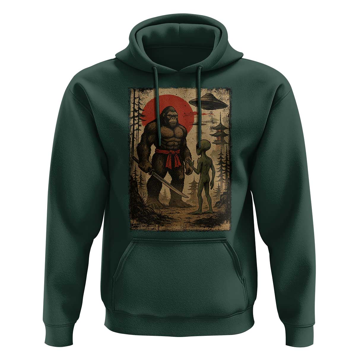 Samurai Bigfoot Japanese UFO Hoodie Sasquatch Ailen Ukiyo-e - Wonder Print Shop