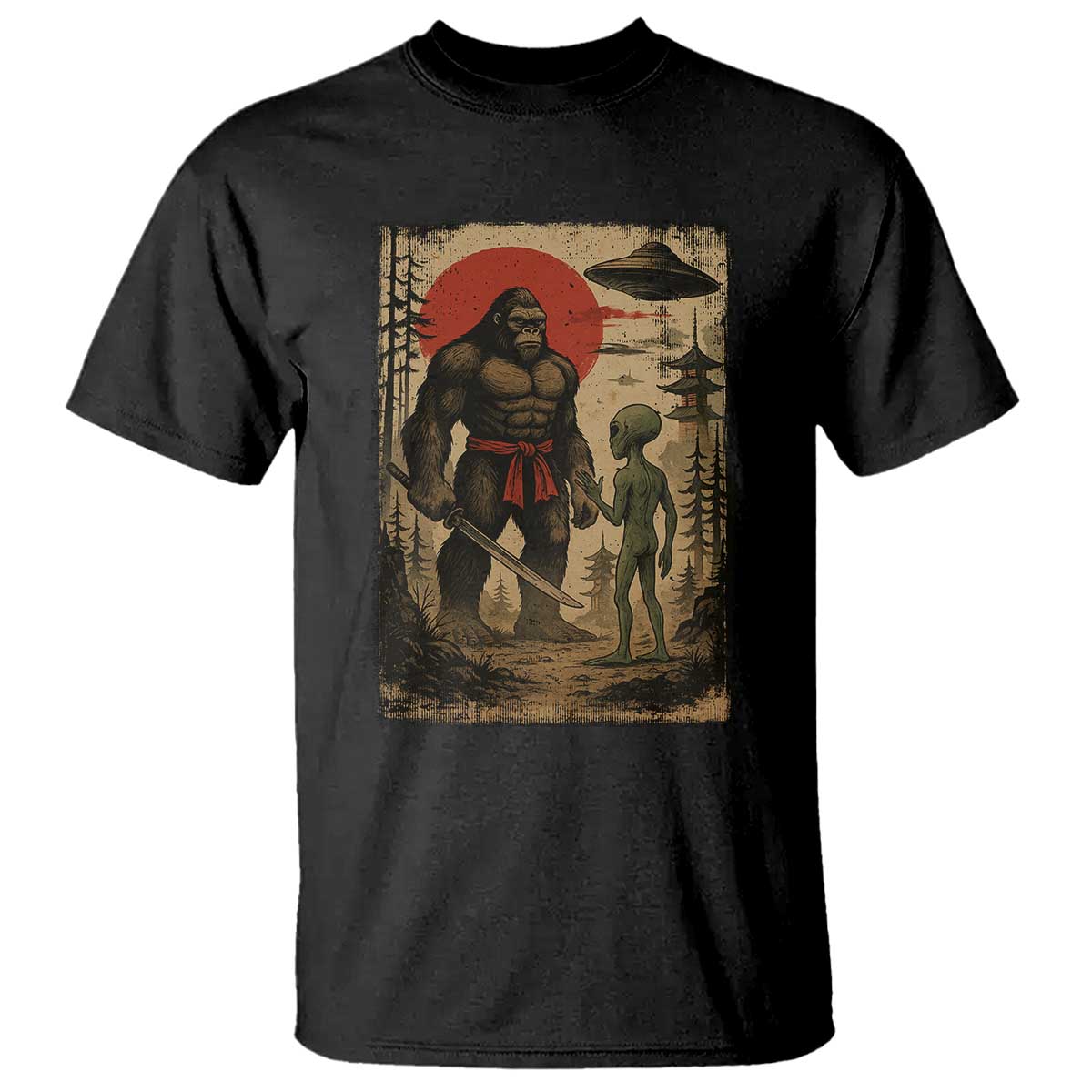 Samurai Bigfoot Japanese UFO T Shirt Sasquatch Ailen Ukiyo-e - Wonder Print Shop