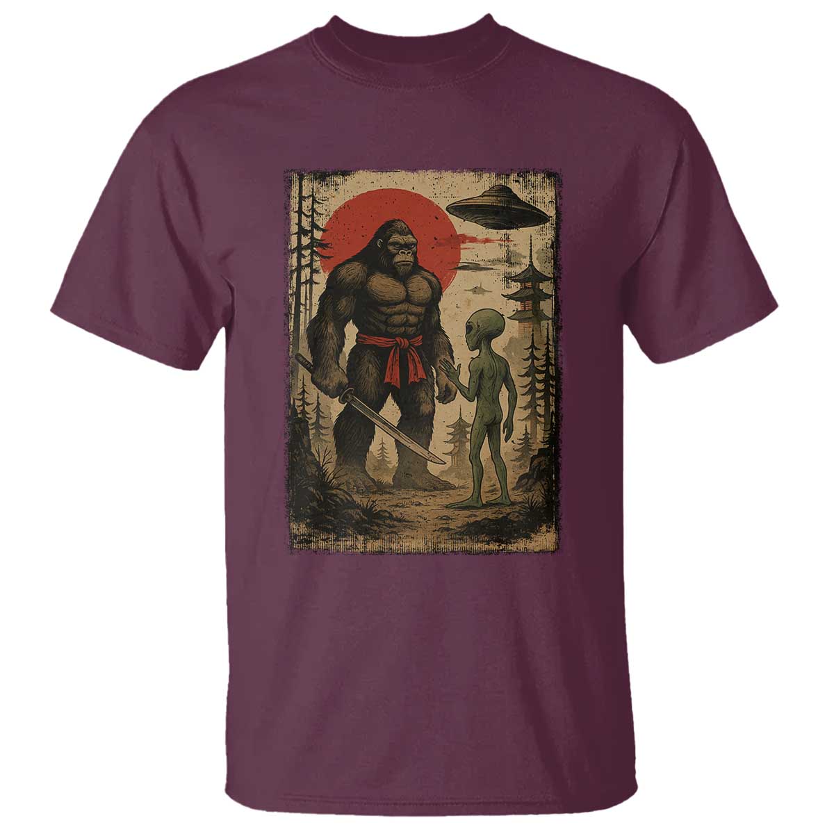 Samurai Bigfoot Japanese UFO T Shirt Sasquatch Ailen Ukiyo-e - Wonder Print Shop