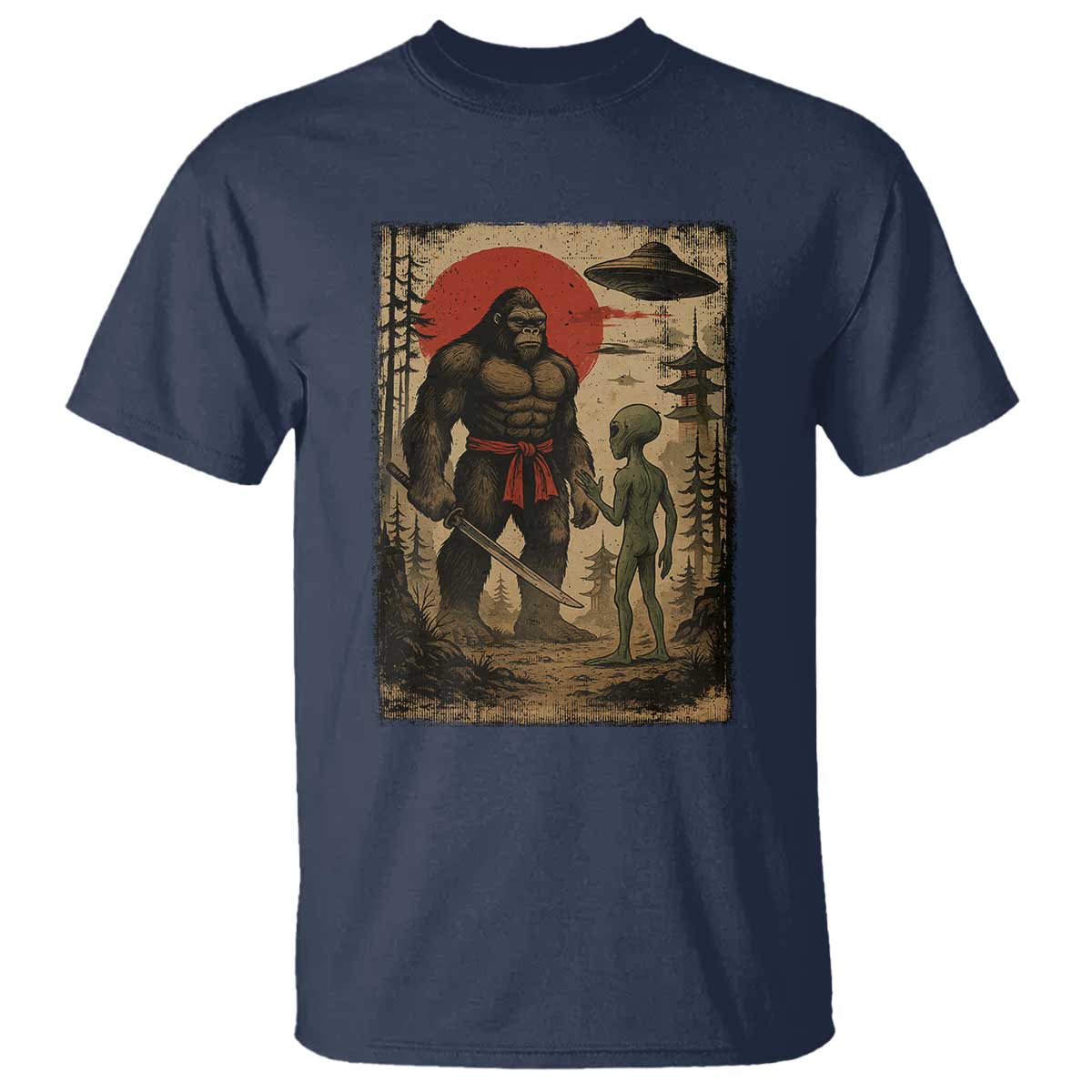 Samurai Bigfoot Japanese UFO T Shirt Sasquatch Ailen Ukiyo-e - Wonder Print Shop