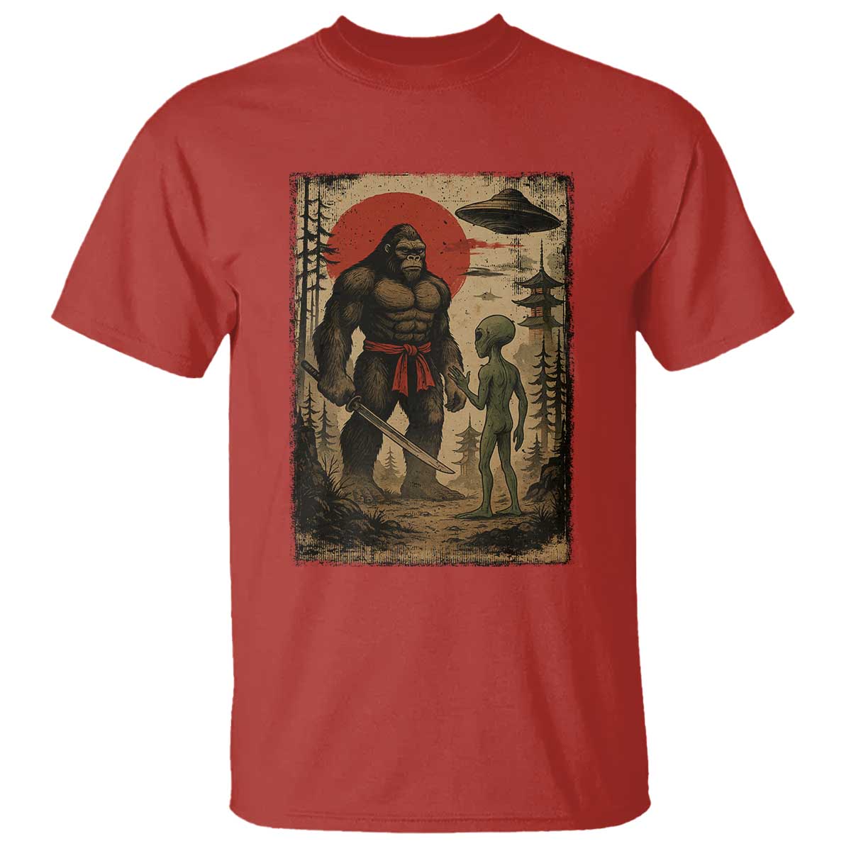 Samurai Bigfoot Japanese UFO T Shirt Sasquatch Ailen Ukiyo-e - Wonder Print Shop