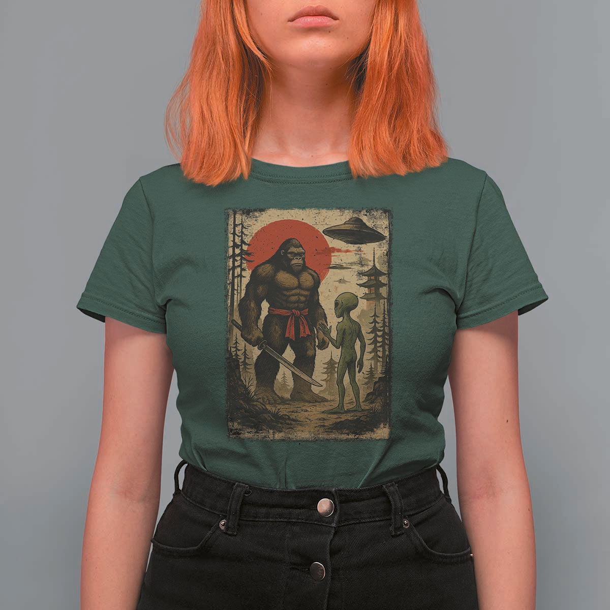 Samurai Bigfoot Japanese UFO T Shirt For Women Sasquatch Ailen Ukiyo-e - Wonder Print Shop