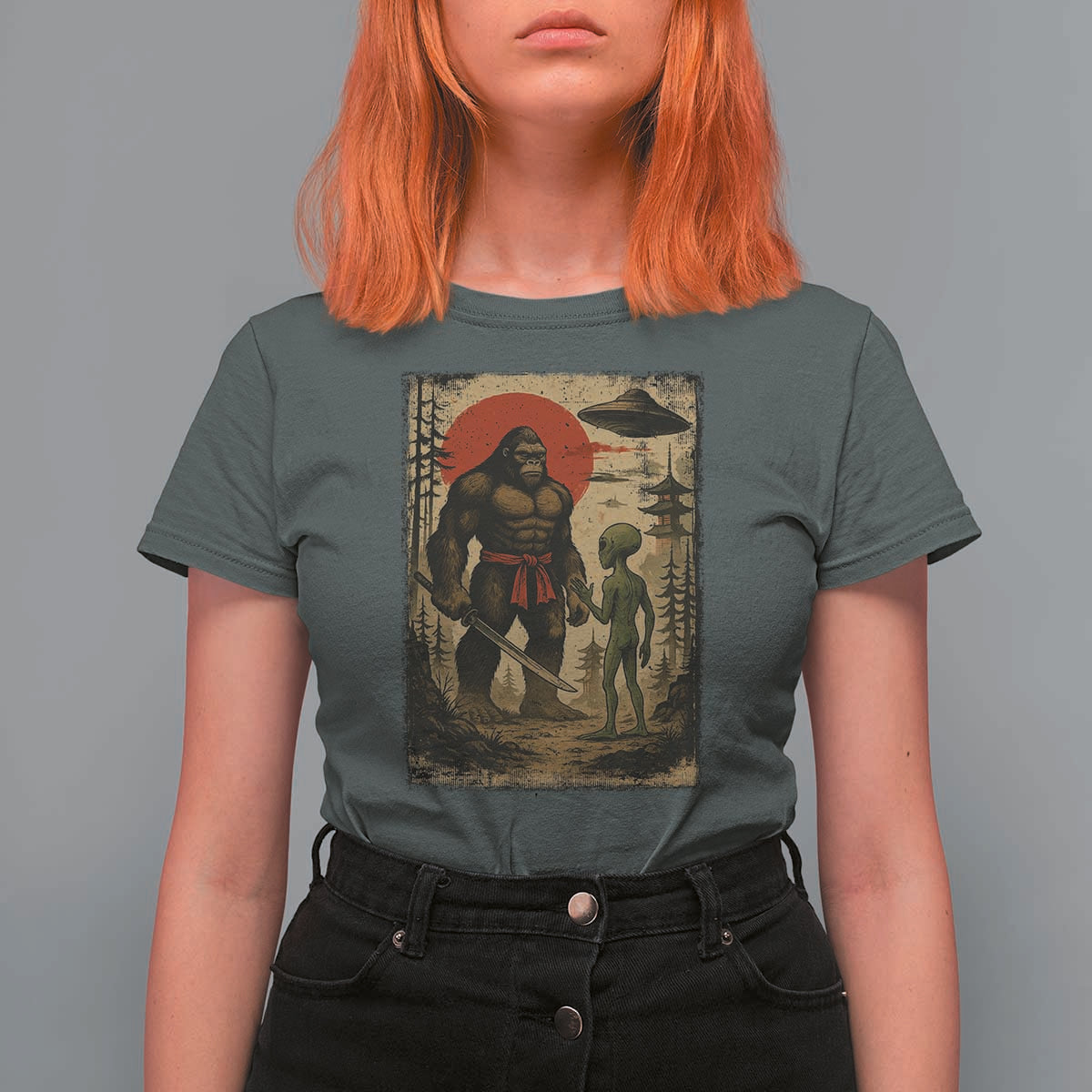 Samurai Bigfoot Japanese UFO T Shirt For Women Sasquatch Ailen Ukiyo-e - Wonder Print Shop