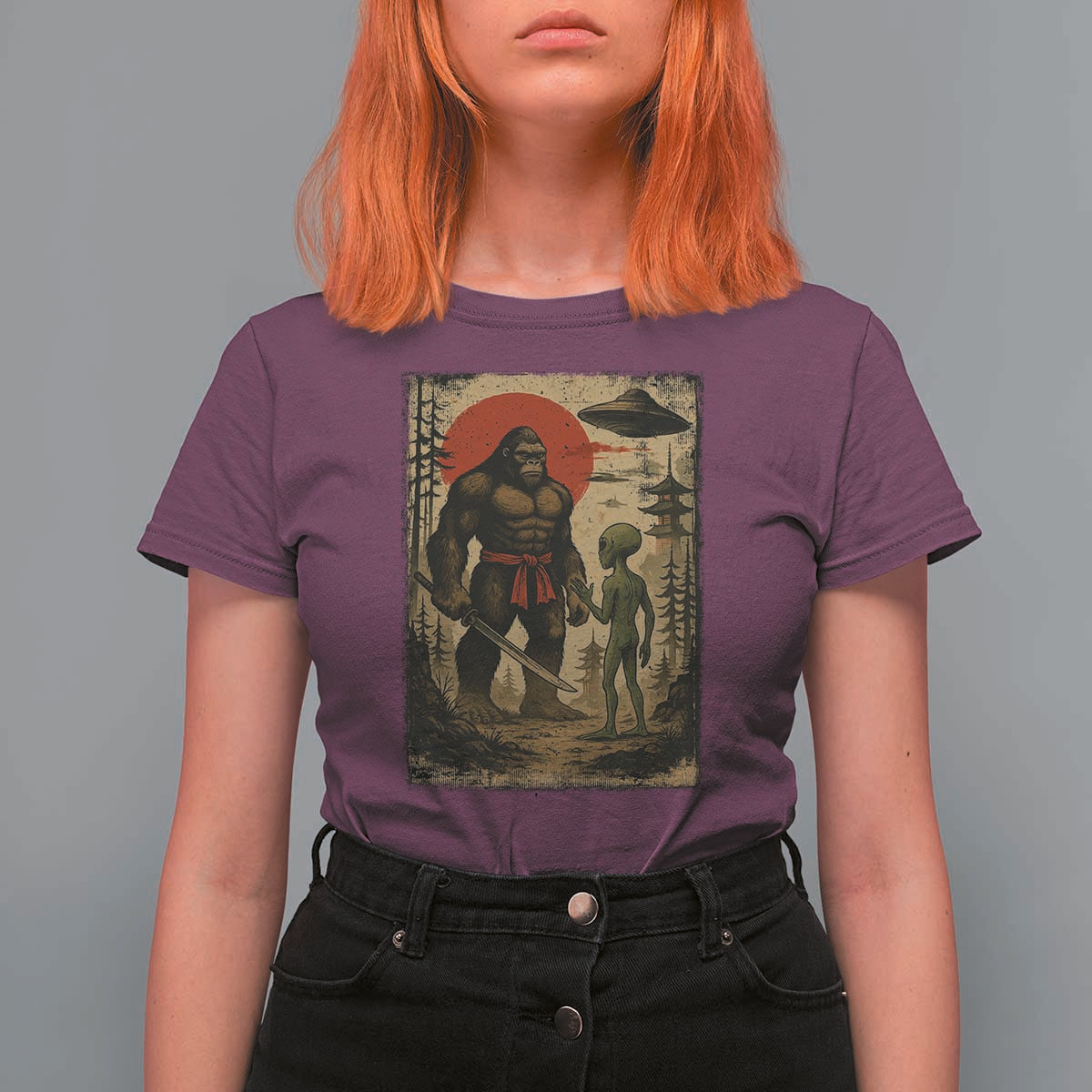 Samurai Bigfoot Japanese UFO T Shirt For Women Sasquatch Ailen Ukiyo-e - Wonder Print Shop