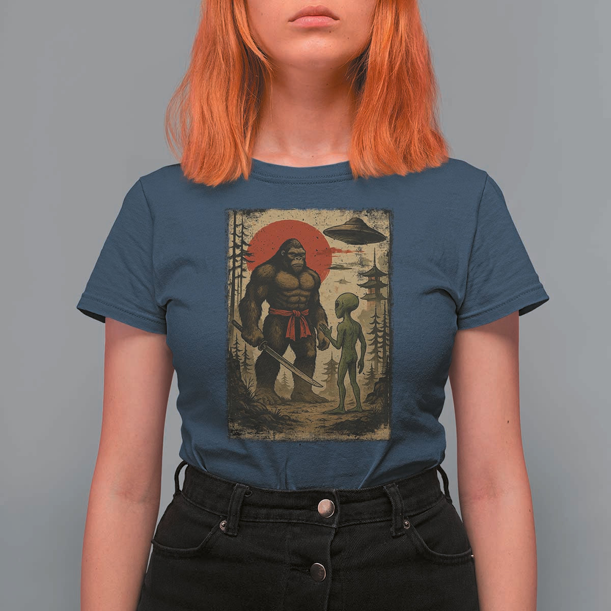 Samurai Bigfoot Japanese UFO T Shirt For Women Sasquatch Ailen Ukiyo-e - Wonder Print Shop
