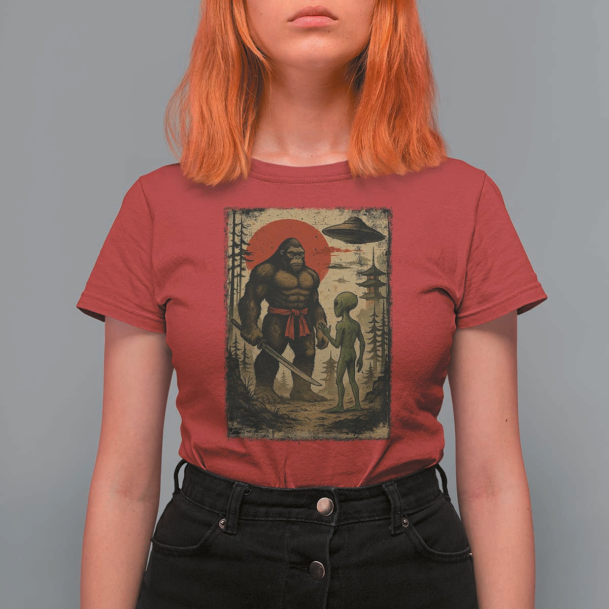 Samurai Bigfoot Japanese UFO T Shirt For Women Sasquatch Ailen Ukiyo-e - Wonder Print Shop