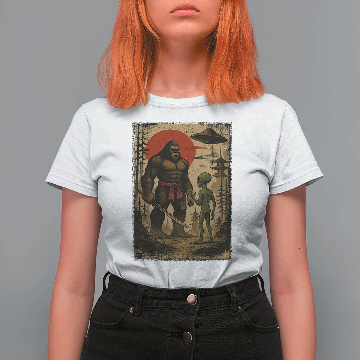 Samurai Bigfoot Japanese UFO T Shirt For Women Sasquatch Ailen Ukiyo-e - Wonder Print Shop