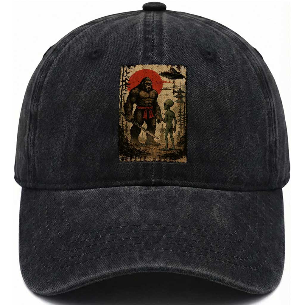 Samurai Bigfoot Japanese UFO Washed Cotton Baseball Cap Sasquatch Ailen Ukiyo-e
