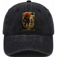 Samurai Bigfoot Japanese UFO Washed Cotton Baseball Cap Sasquatch Ailen Ukiyo-e