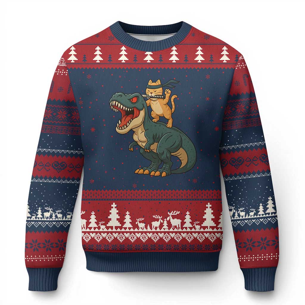 Ninja Cat Riding Dinosaur Ugly Christmas Sweater - Wonder Print Shop
