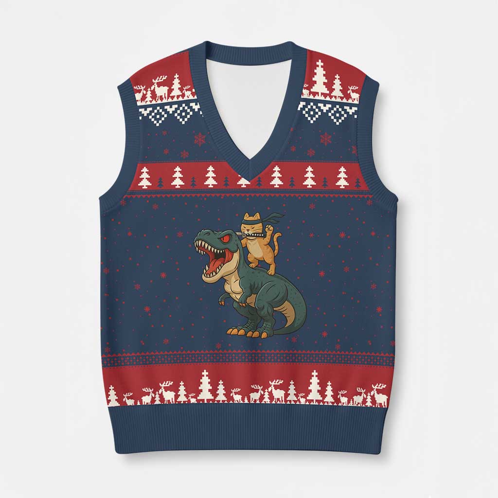Ninja Cat Riding Dinosaur V-Neck Knit Sweater Vest - Wonder Print Shop
