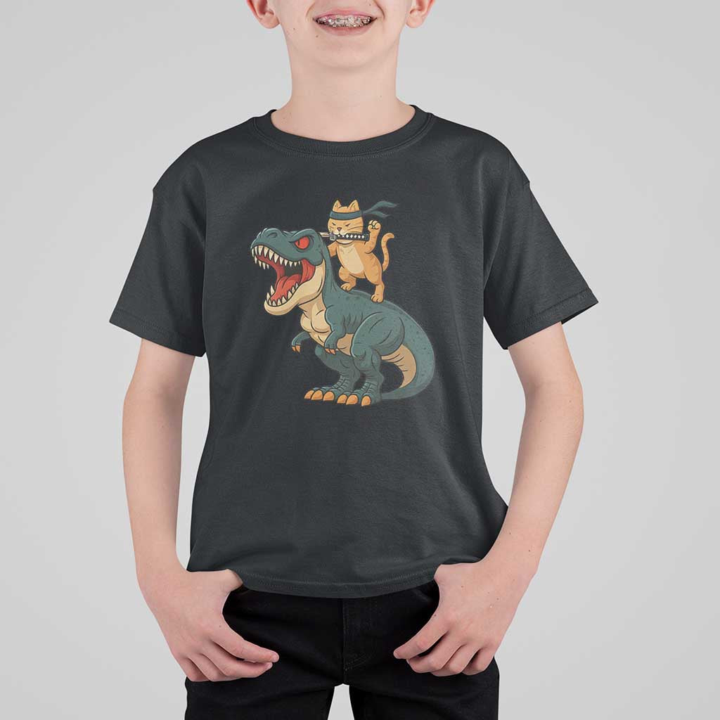 Ninja Cat Riding Dinosaur T Shirt For Kid - Wonder Print Shop