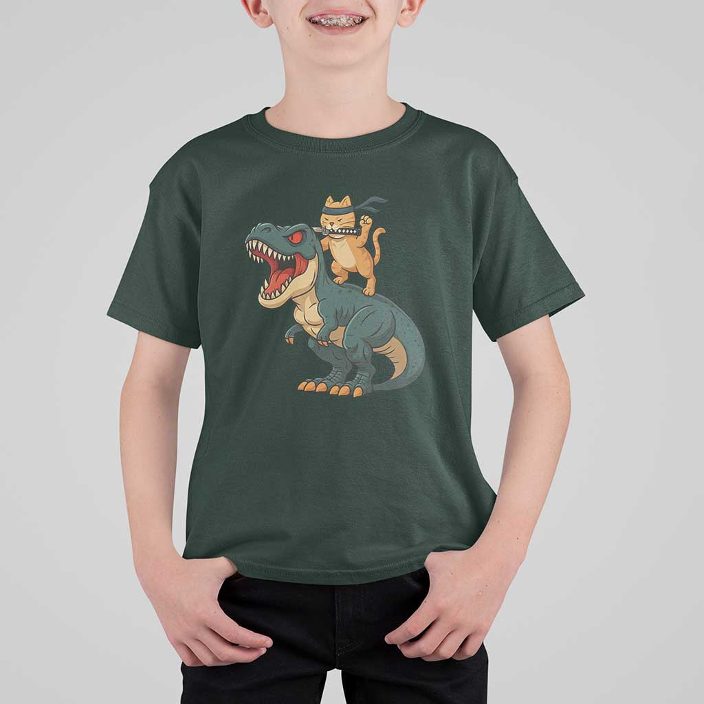 Ninja Cat Riding Dinosaur T Shirt For Kid - Wonder Print Shop