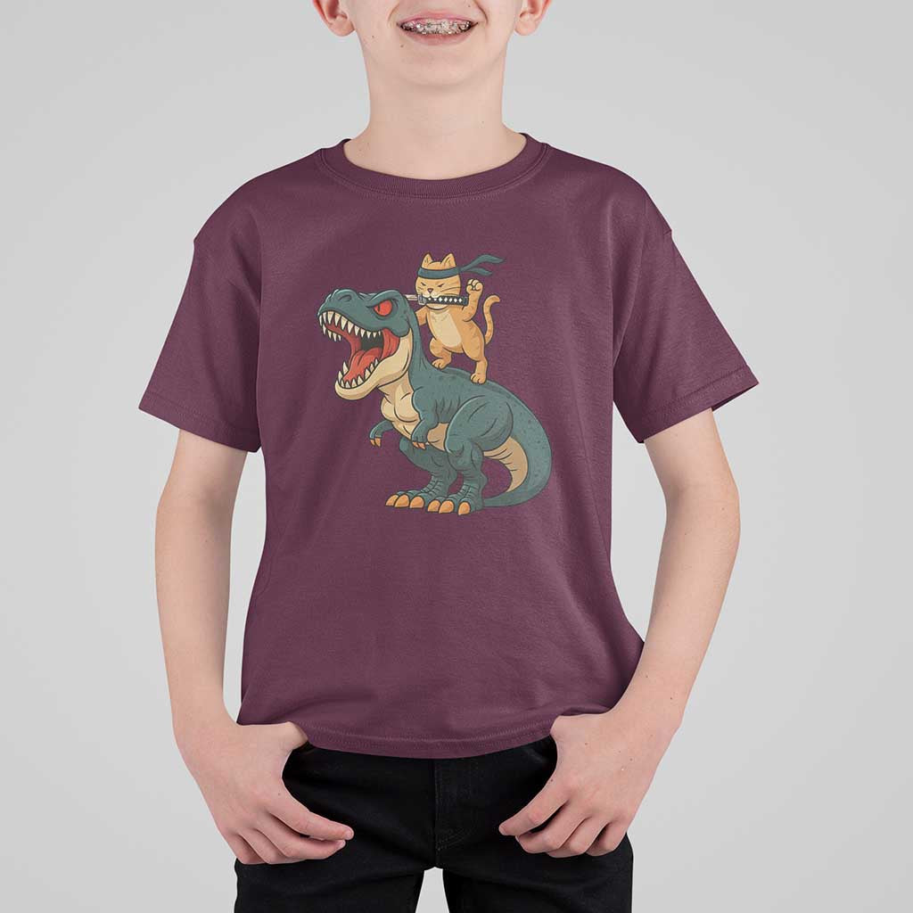 Ninja Cat Riding Dinosaur T Shirt For Kid - Wonder Print Shop