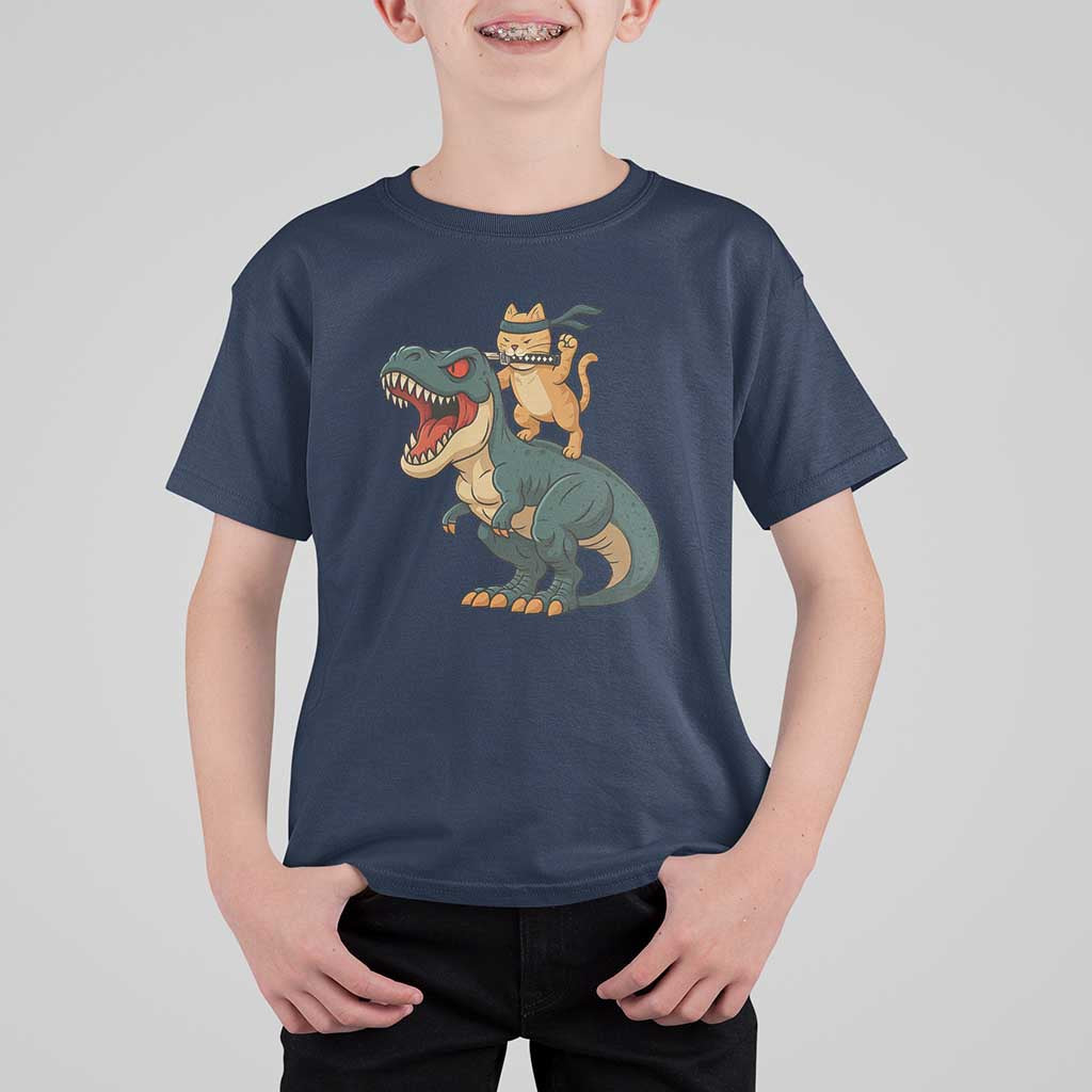 Ninja Cat Riding Dinosaur T Shirt For Kid - Wonder Print Shop