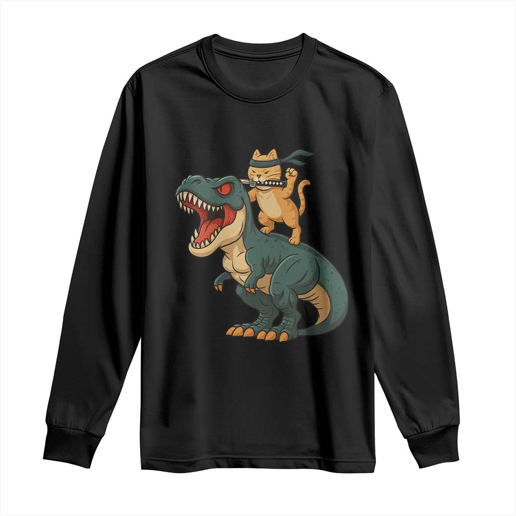 Ninja Cat Riding Dinosaur Long Sleeve Shirt - Wonder Print Shop