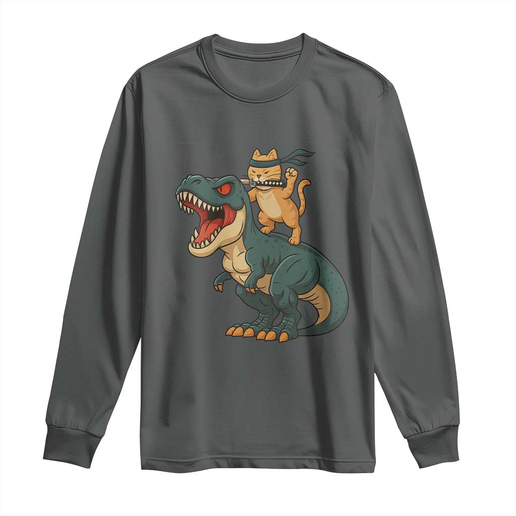 Ninja Cat Riding Dinosaur Long Sleeve Shirt - Wonder Print Shop