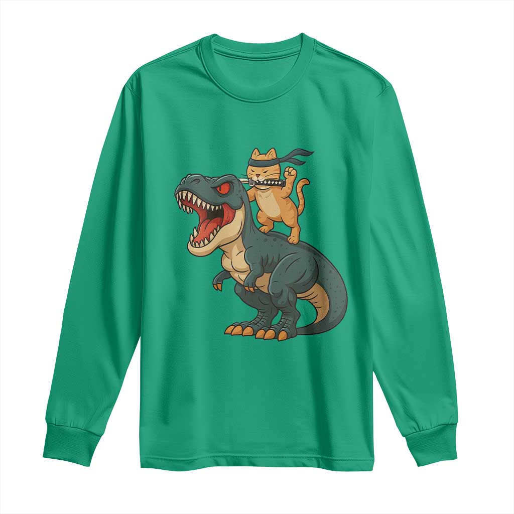 Ninja Cat Riding Dinosaur Long Sleeve Shirt - Wonder Print Shop