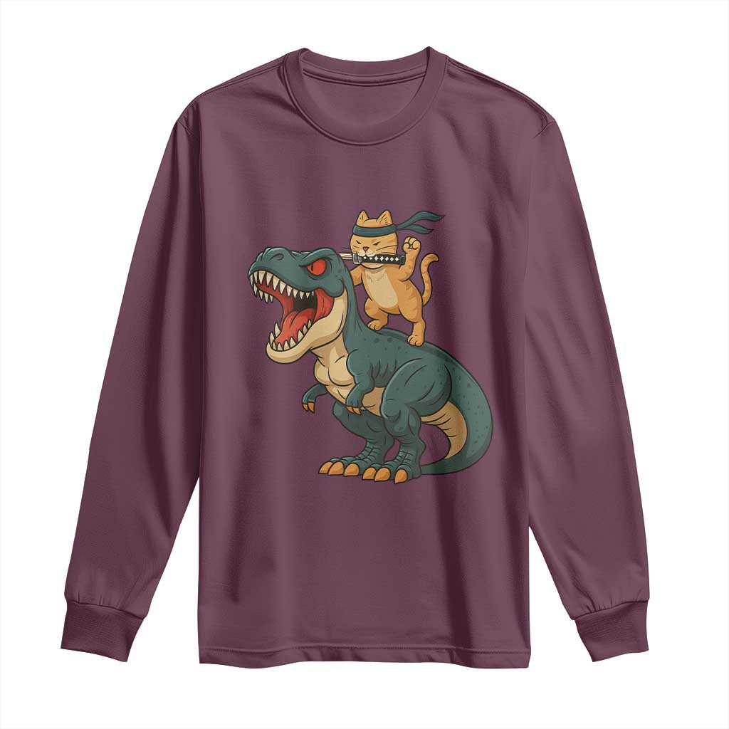 Ninja Cat Riding Dinosaur Long Sleeve Shirt - Wonder Print Shop