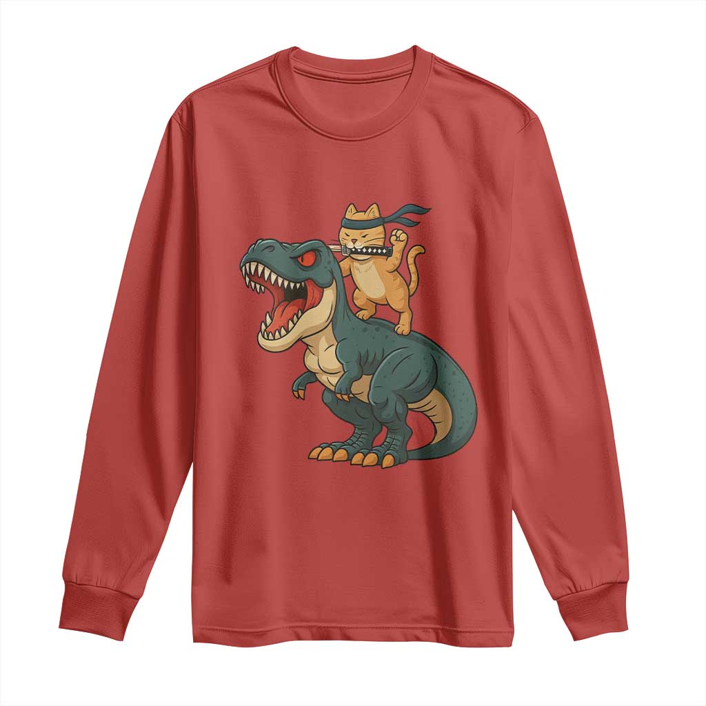 Ninja Cat Riding Dinosaur Long Sleeve Shirt - Wonder Print Shop