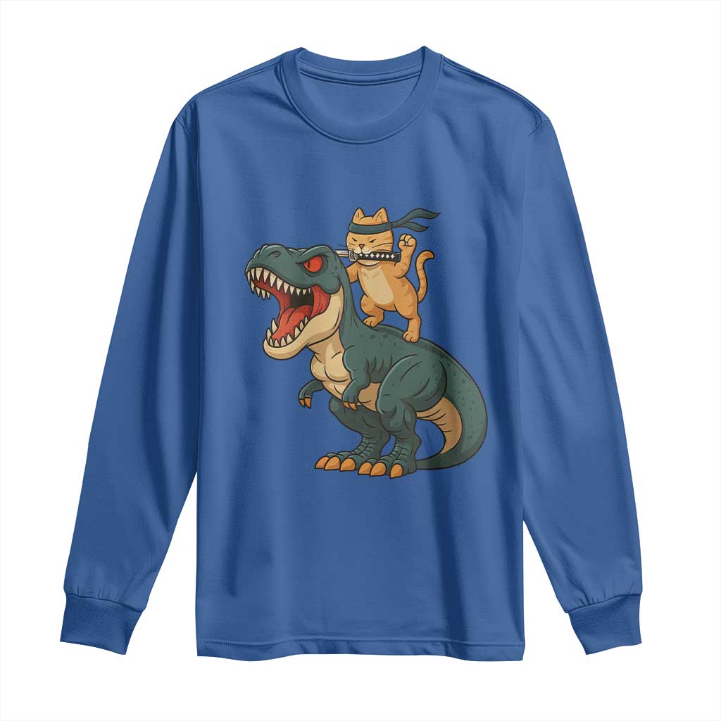Ninja Cat Riding Dinosaur Long Sleeve Shirt - Wonder Print Shop