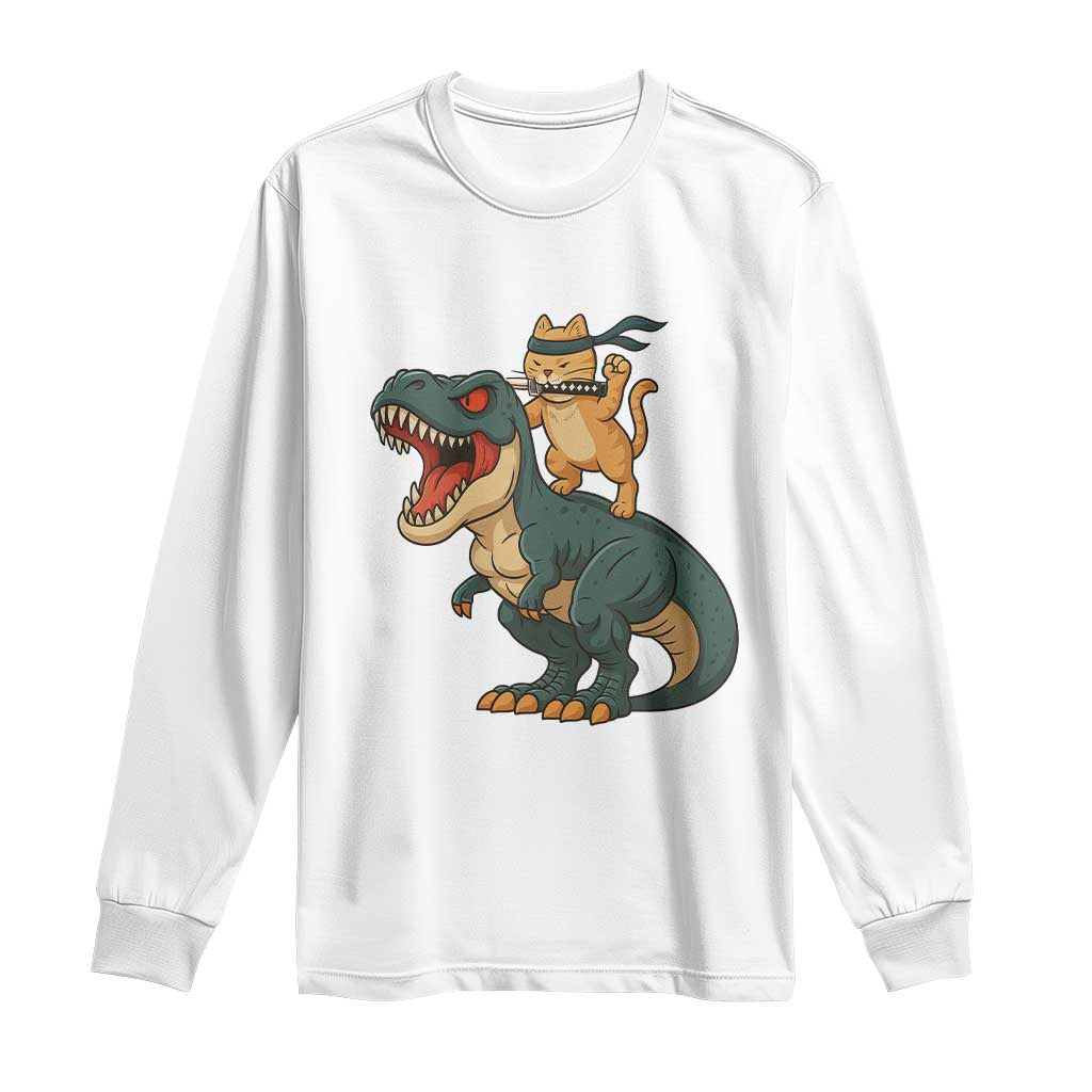 Ninja Cat Riding Dinosaur Long Sleeve Shirt - Wonder Print Shop