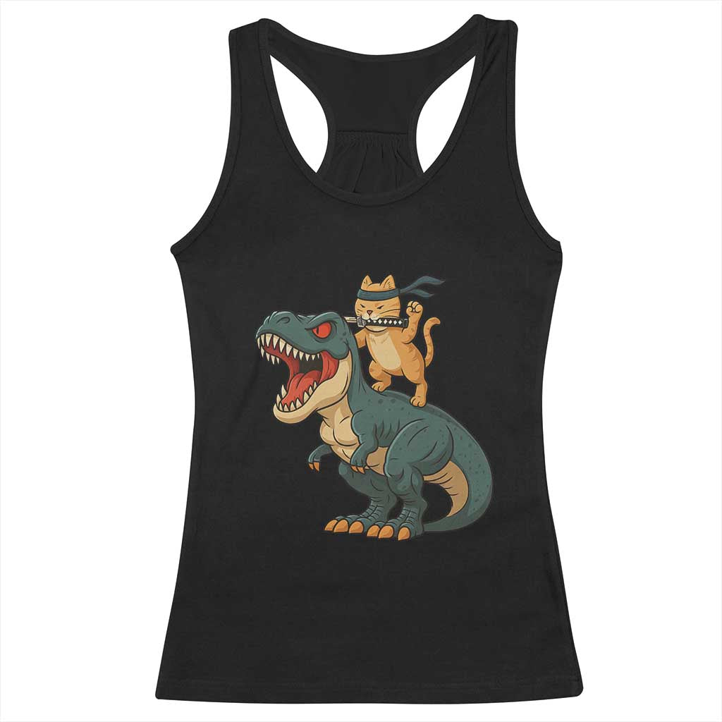 Ninja Cat Riding Dinosaur Racerback Tank Top - Wonder Print Shop