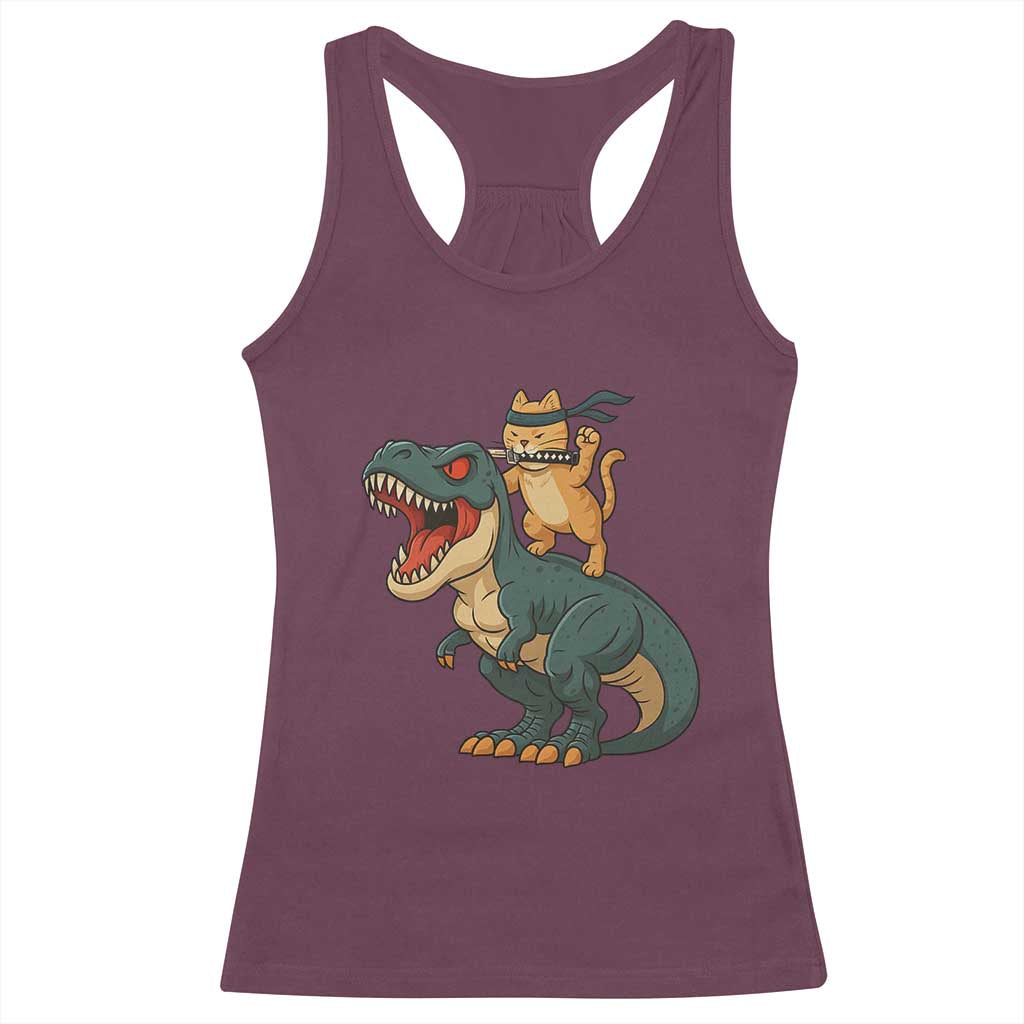 Ninja Cat Riding Dinosaur Racerback Tank Top - Wonder Print Shop