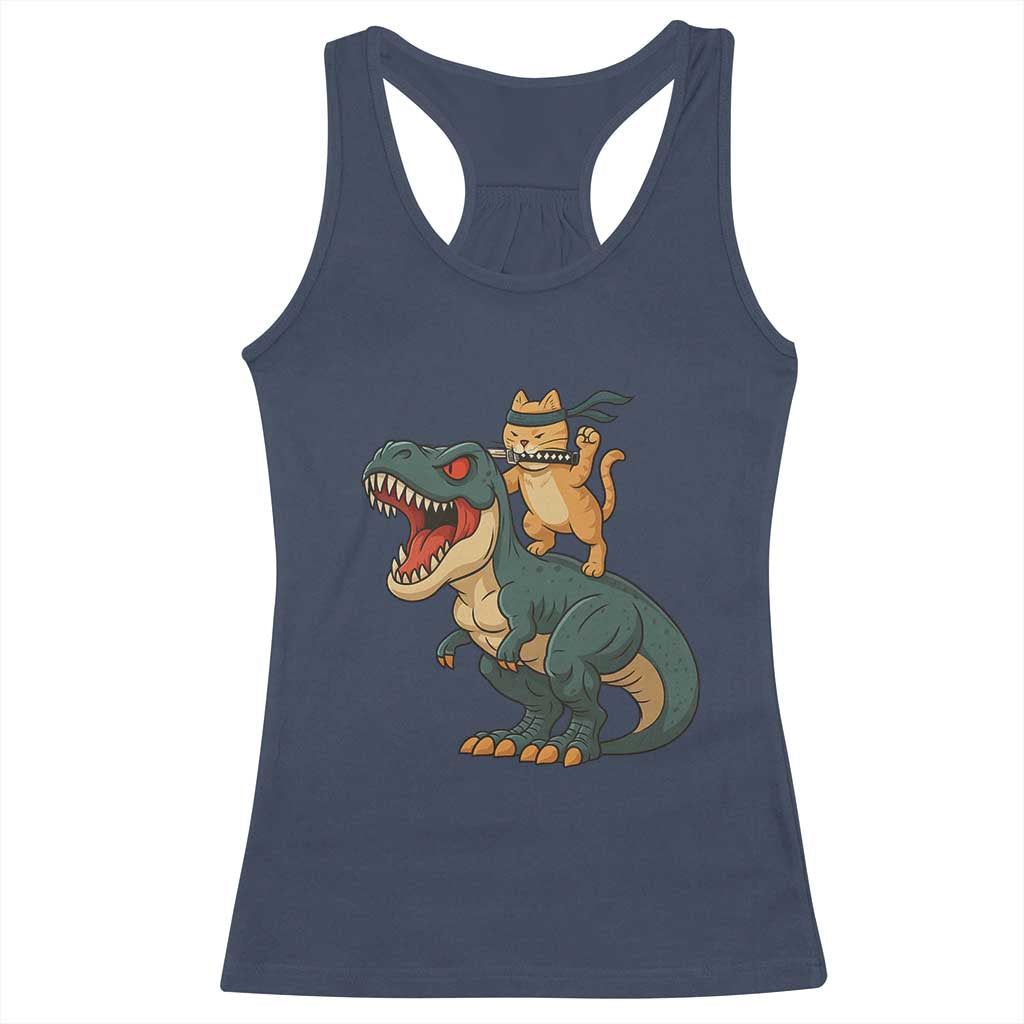 Ninja Cat Riding Dinosaur Racerback Tank Top - Wonder Print Shop