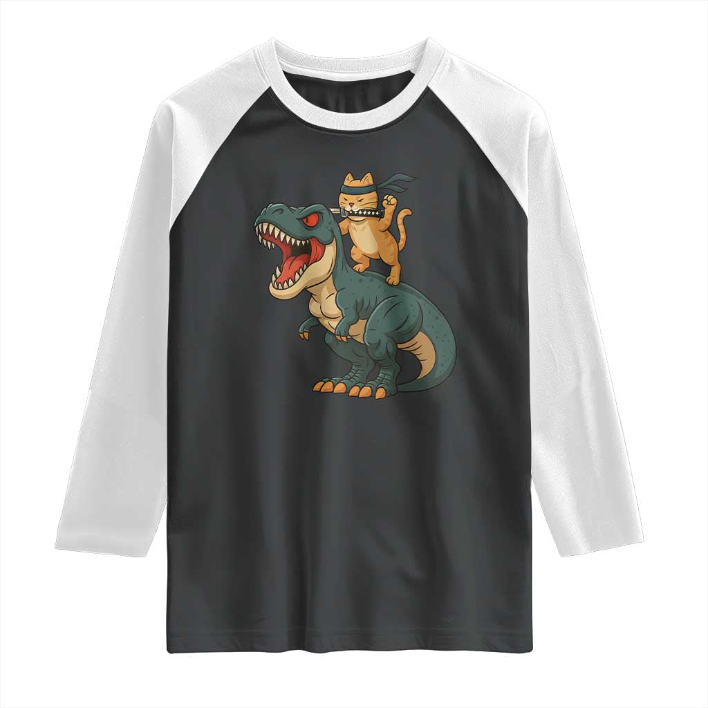 Ninja Cat Riding Dinosaur Raglan Shirt - Wonder Print Shop