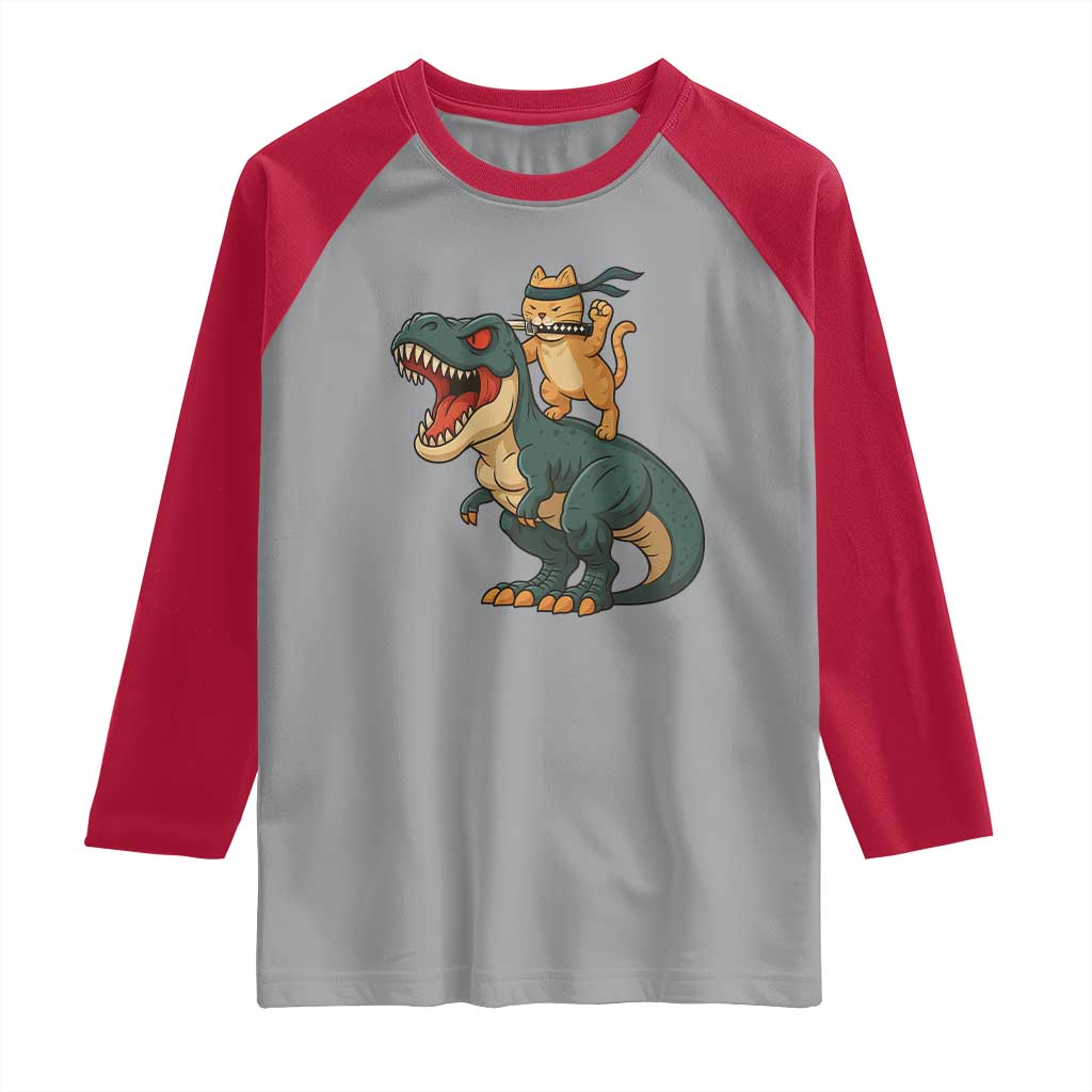 Ninja Cat Riding Dinosaur Raglan Shirt - Wonder Print Shop