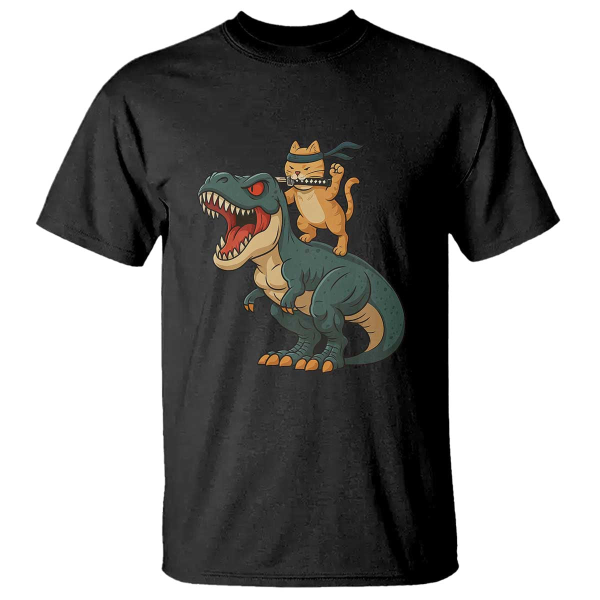 Ninja Cat Riding Dinosaur T Shirt - Wonder Print Shop