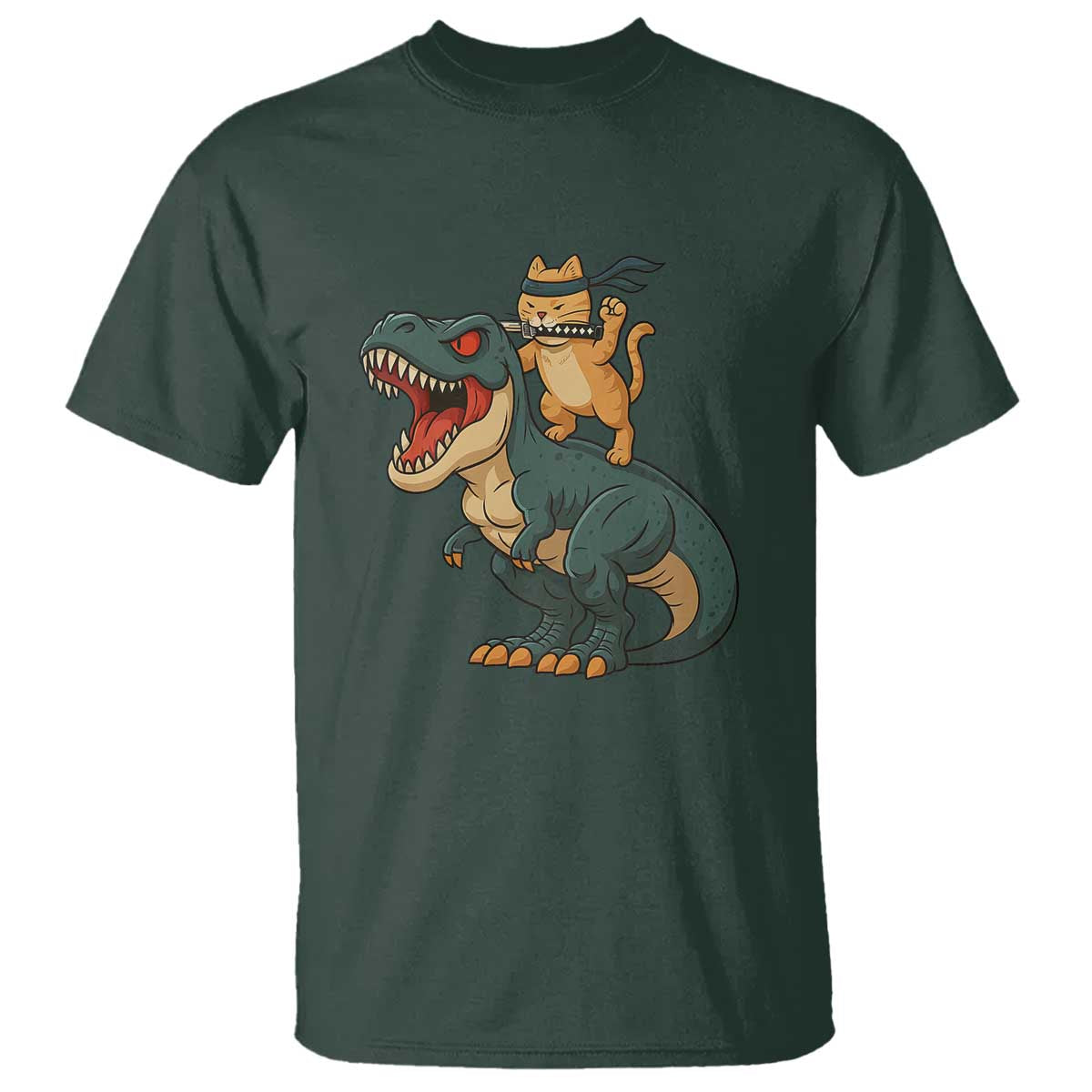 Ninja Cat Riding Dinosaur T Shirt - Wonder Print Shop