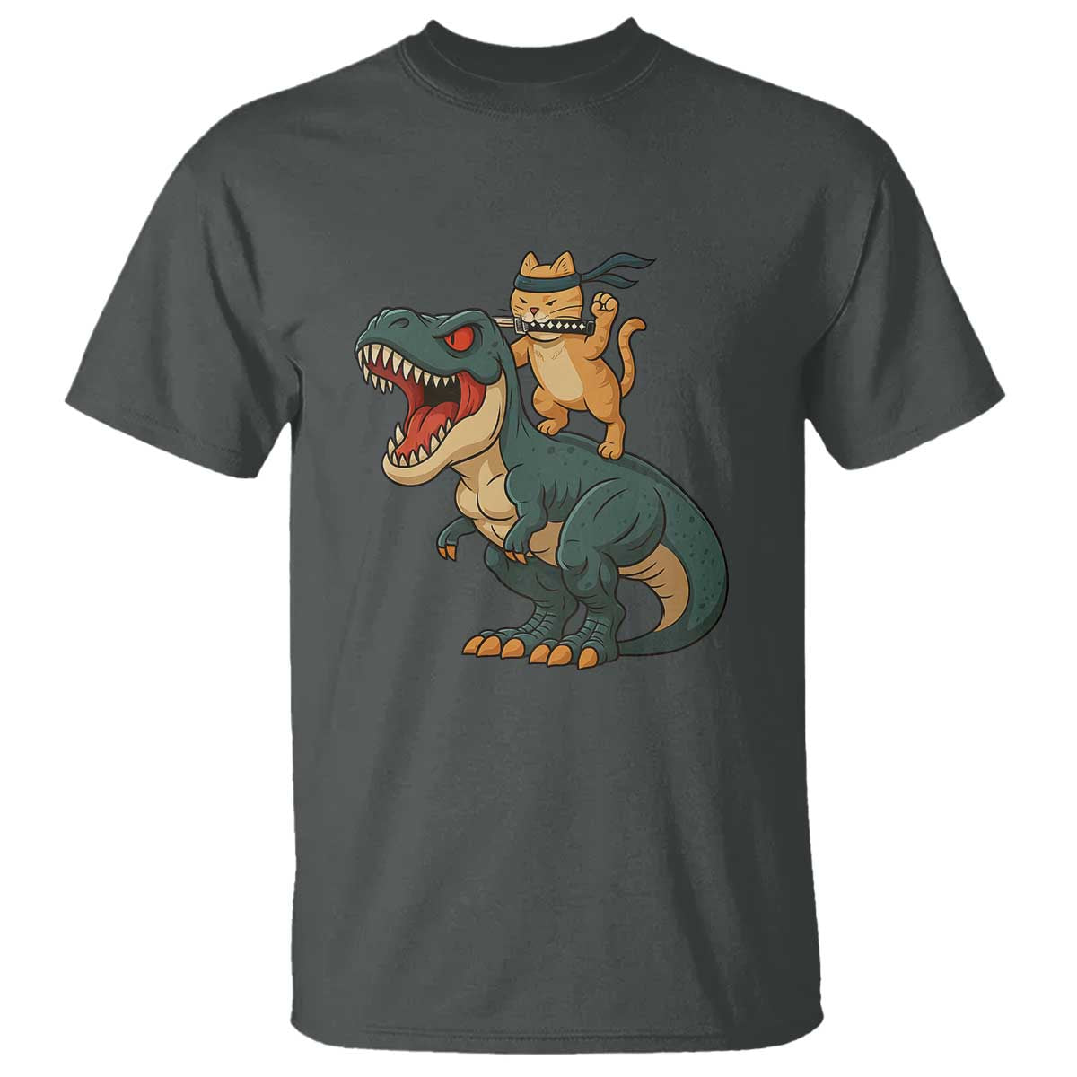Ninja Cat Riding Dinosaur T Shirt - Wonder Print Shop