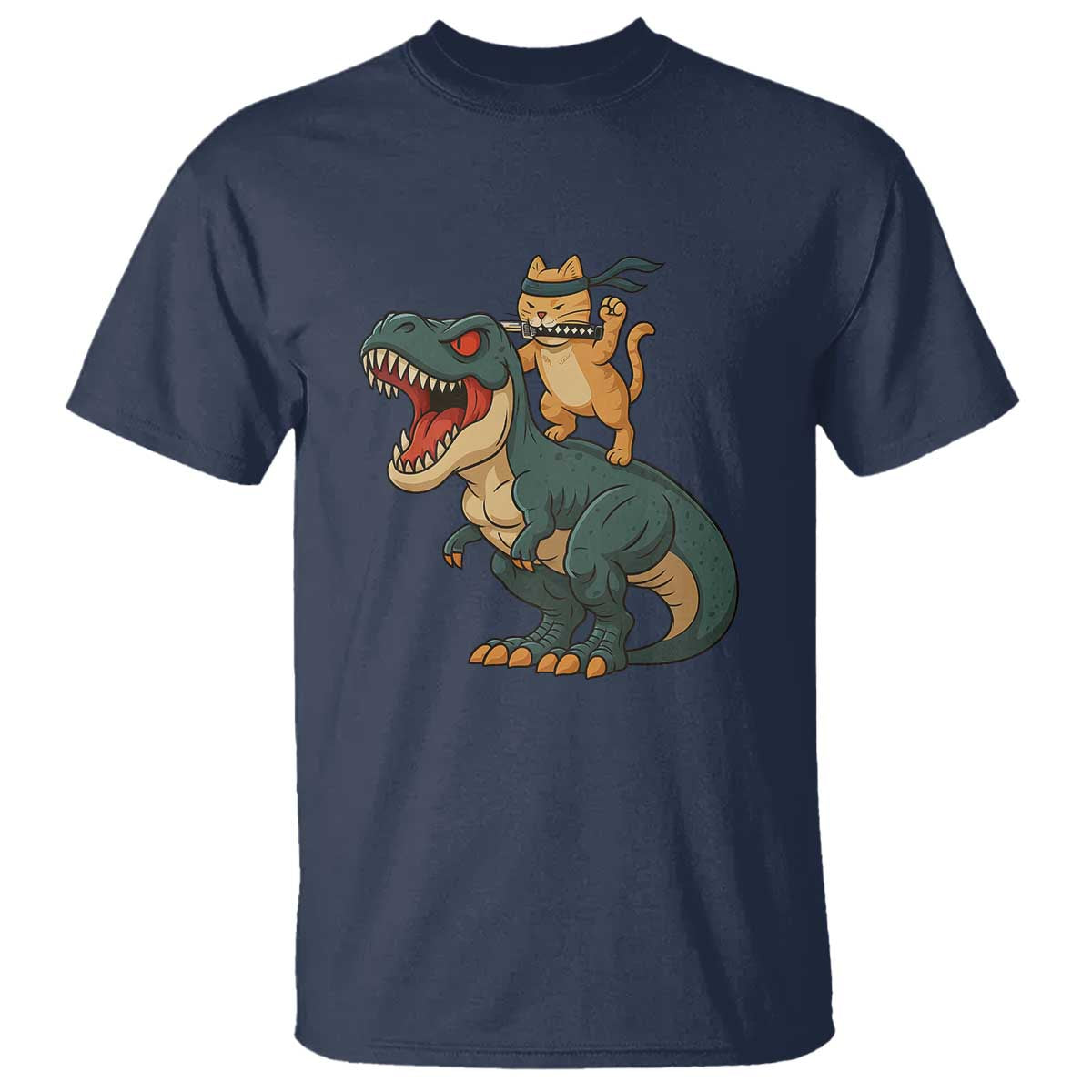 Ninja Cat Riding Dinosaur T Shirt - Wonder Print Shop