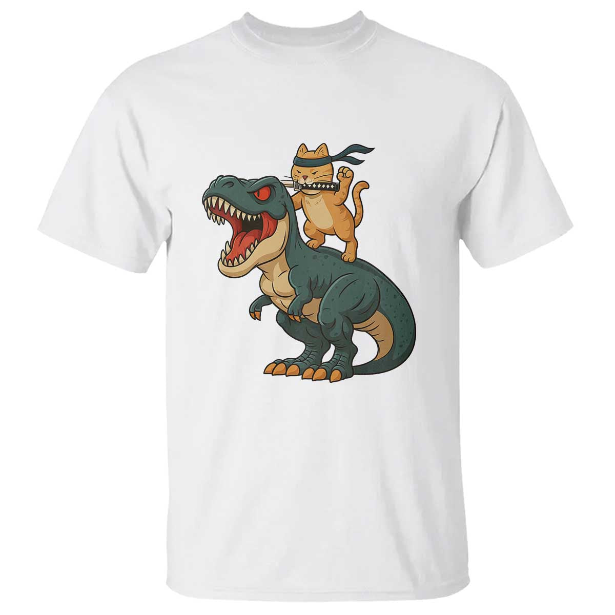 Ninja Cat Riding Dinosaur T Shirt - Wonder Print Shop