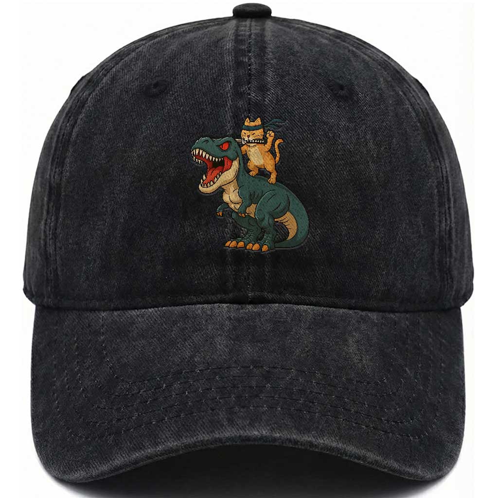 Ninja Cat Riding Dinosaur Washed Cotton Baseball Cap